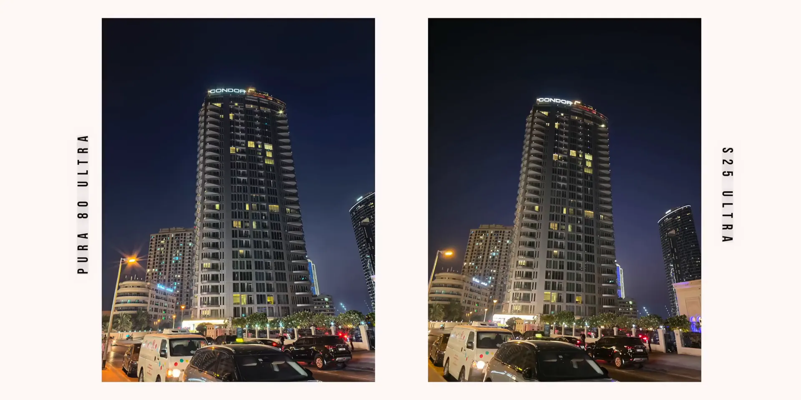 Nighttime photo comparison showing Huawei Pura 80 Ultra's low-light capabilities