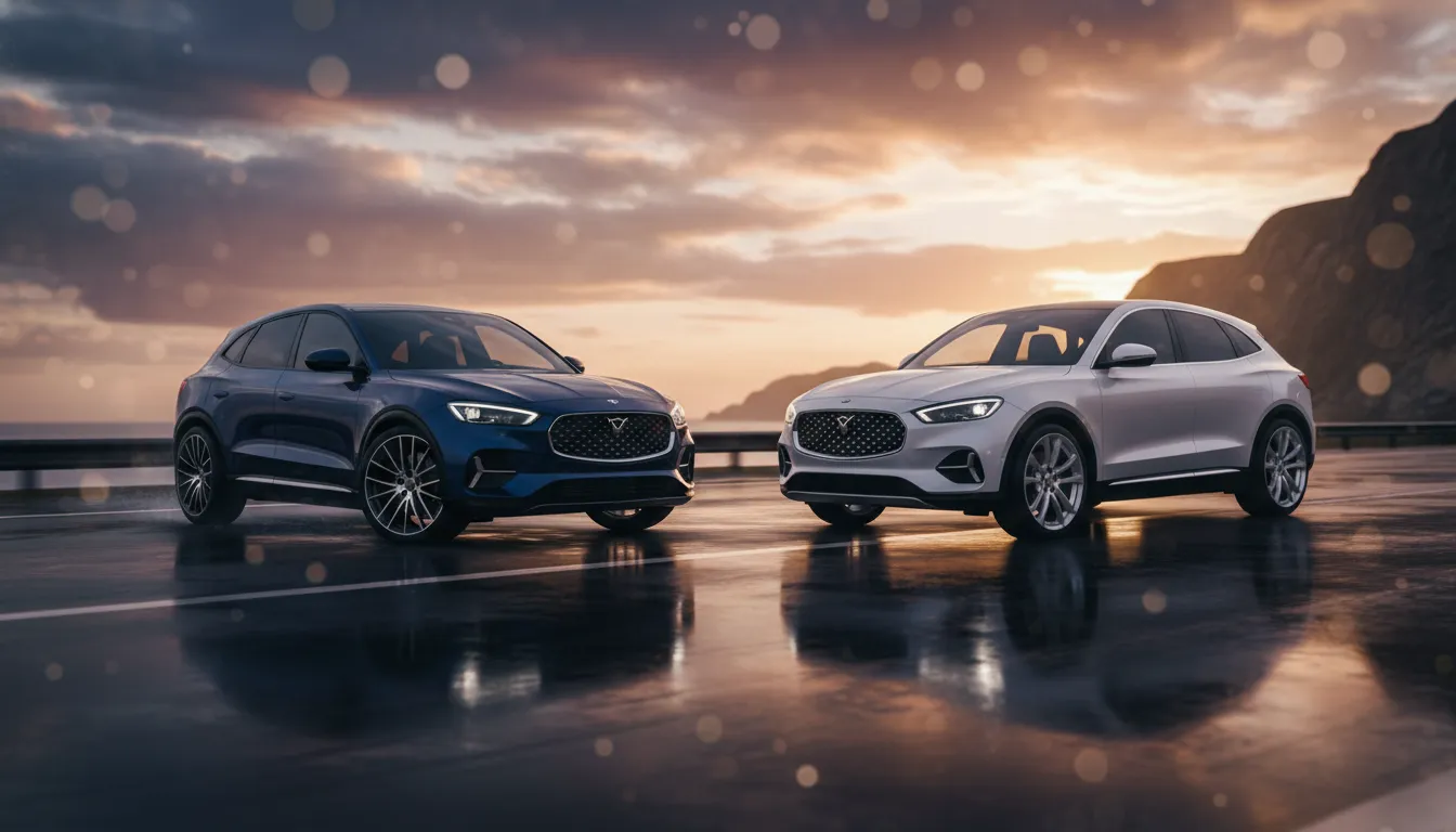 2026 Acura RDX vs 2026 Lexus NX comparison: two compact luxury SUVs on a coastal highway at golden hour, one sporty dark blue and one refined pearl white