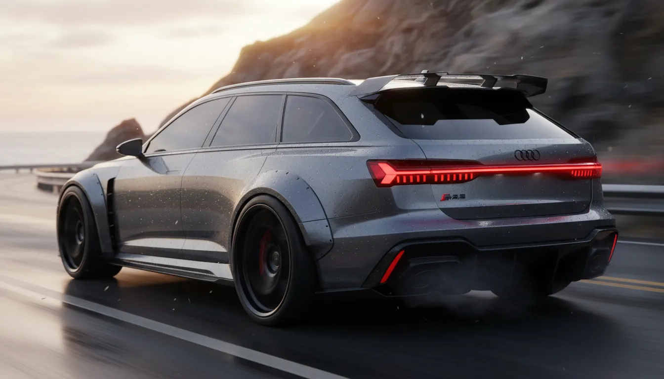 2026 Audi RS6 Avant Performance inspired metallic gray super wagon driving into sunset on a coastal road, aggressive rear three-quarter view highlighting quad exhausts wide stance and carbon diffuser