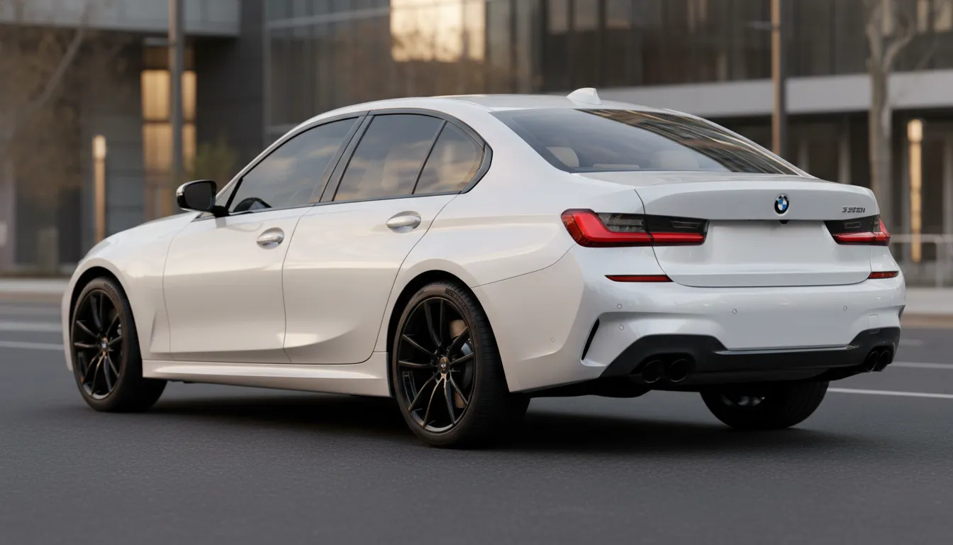 Three-quarter rear view of a white 2026 BMW 330i xDrive with blacked-out grille and matte black 19-inch wheels, silver brake calipers, chrome rear badges and dark exhaust surround, parked on an urban street at golden hour