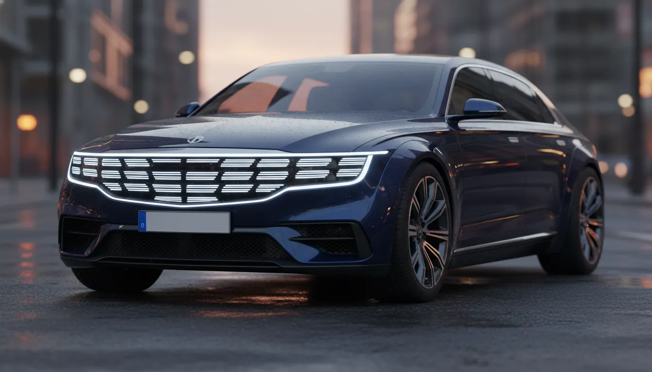 2026 BMW 760i front three-quarter view at dusk with large boxy hood, illuminated LED headlight and grille accents, staggered 21-inch wheels and deep metallic blue paint on wet city street
