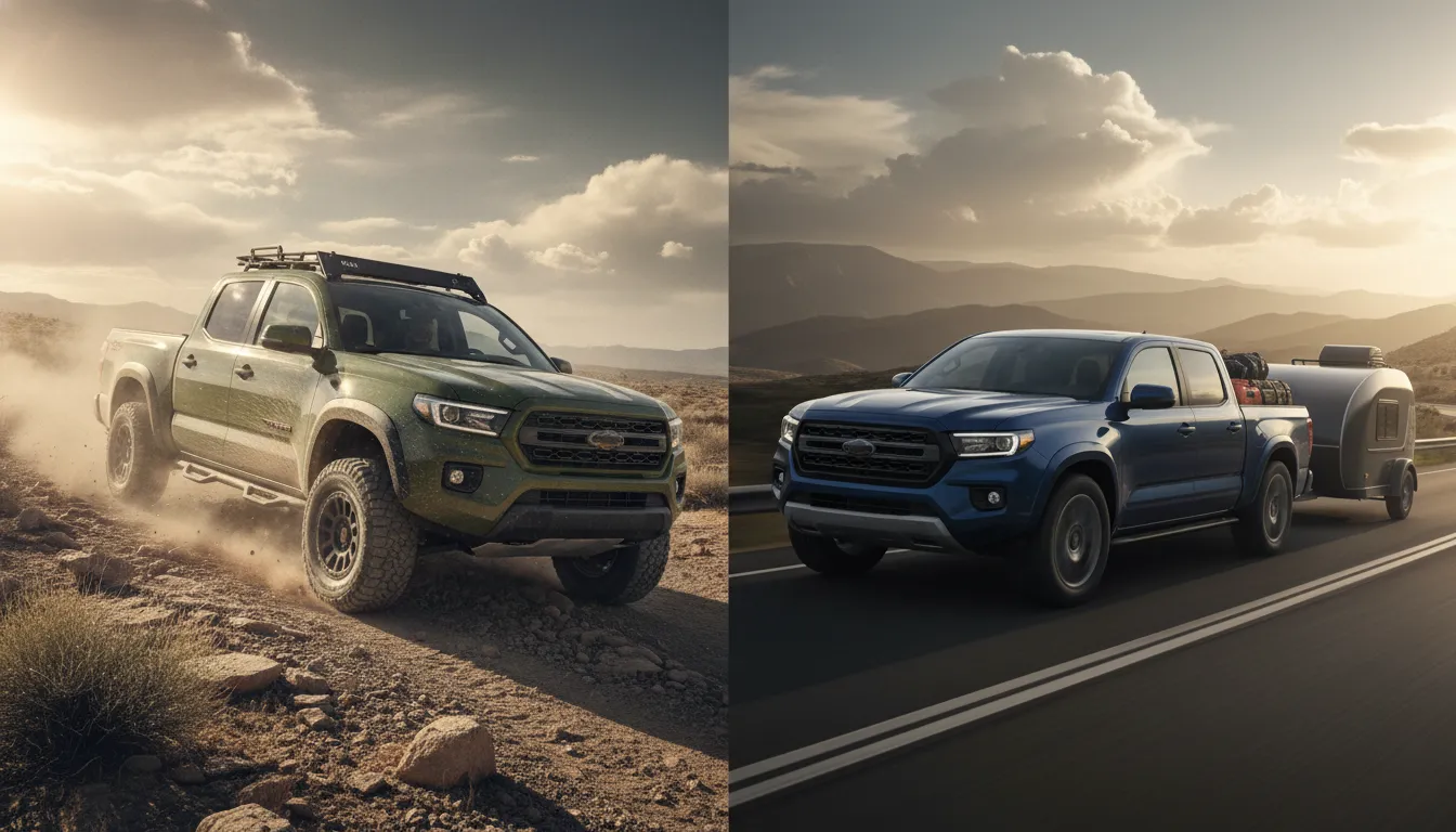 Olive-green off-road pickup climbing a rocky trail beside a metallic blue pickup towing a camper on a mountain road at golden hour.