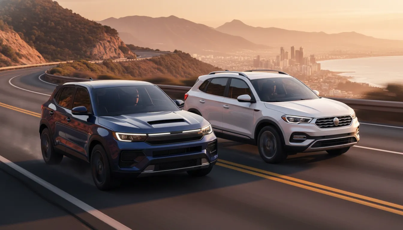Two 2026 compact crossovers side-by-side on a coastal highway at golden hour — one sculpted angular metallic blue crossover and one rounded practical pearl white crossover, highlighting contrast in styling and character