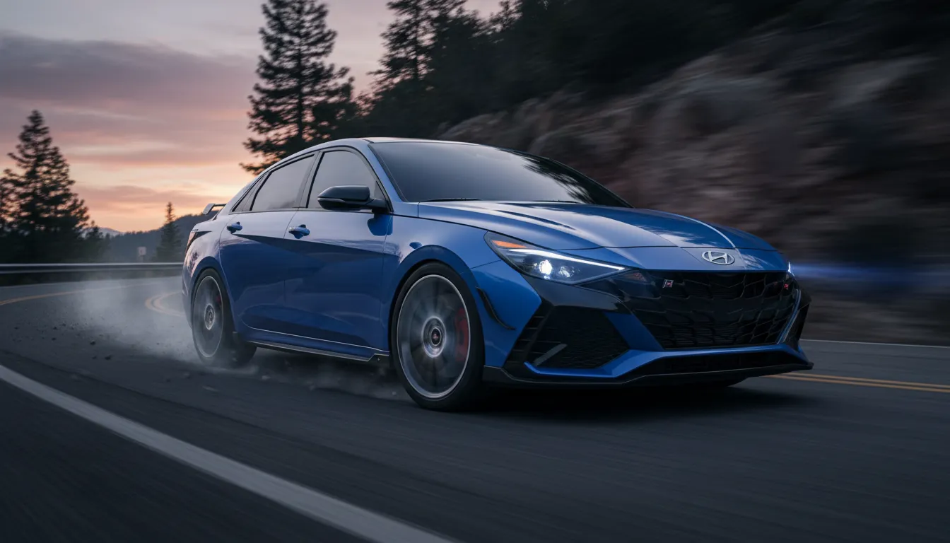 2026 Hyundai Elantra N in motion on a twisting mountain road at dusk, three-quarter front view showing aggressive stance and sporty details