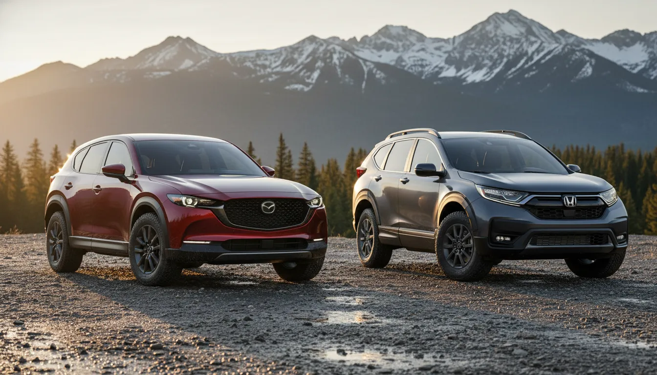 Side-by-side 2026 Mazda CX-50 Meridian and 2026 Honda CR-V TrailSport on a rugged gravel trail at golden hour highlighting sleek low profile versus taller practical off-road styling