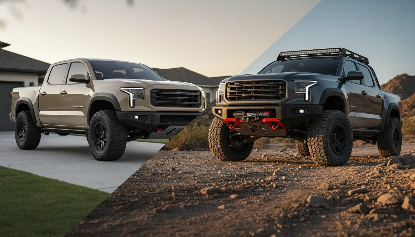 Side-by-side comparison of two 2026-style Tacoma-inspired pickups: a stock Off‑Road on pavement and an upgraded TRD PRO-style truck on a rocky trail at golden hour, highlighting everyday vs premium off‑road features, no text.