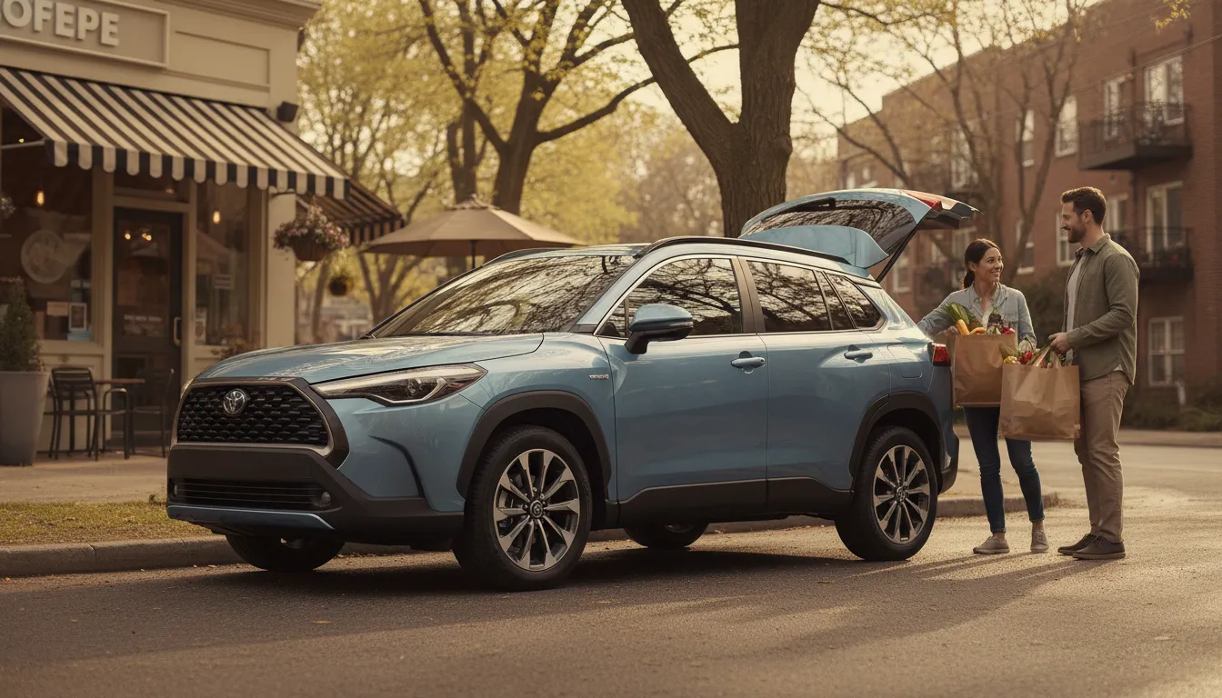 2026 Toyota Corolla Cross LE AWD-inspired subcompact crossover parked on a tree-lined suburban street with the hatch open and groceries being loaded, showing everyday practicality