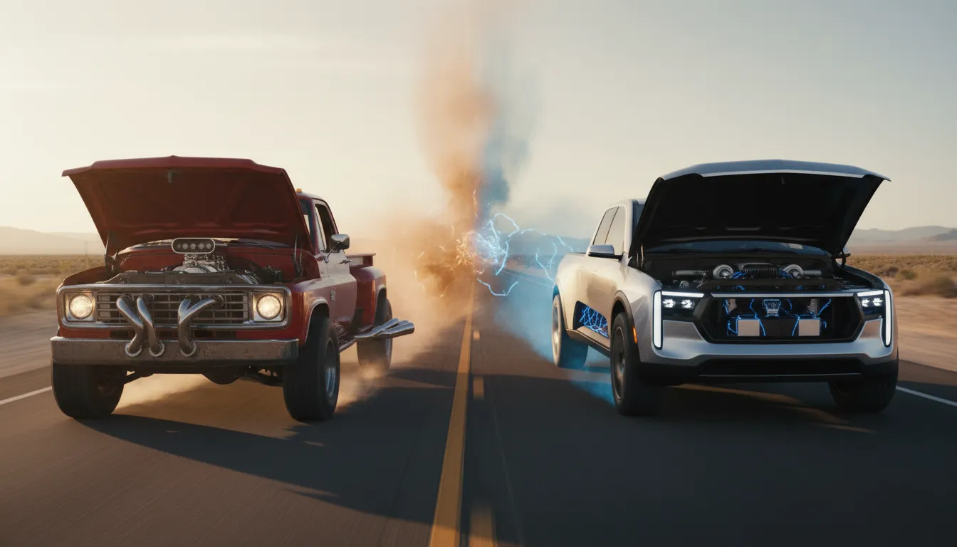 Side-by-side photorealistic comparison of two pickup trucks: a V8-powered truck with chrome engine and orange exhaust smoke versus a twin-turbo hybrid truck with twin turbos and glowing blue electric energy.