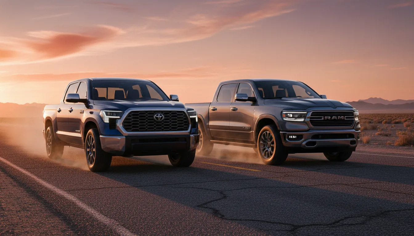 Two 2026 half-ton pickups, a Toyota Tundra Limited and a Ram 1500 Laramie, shown side-by-side on a desert highway at golden hour highlighting design and capability differences