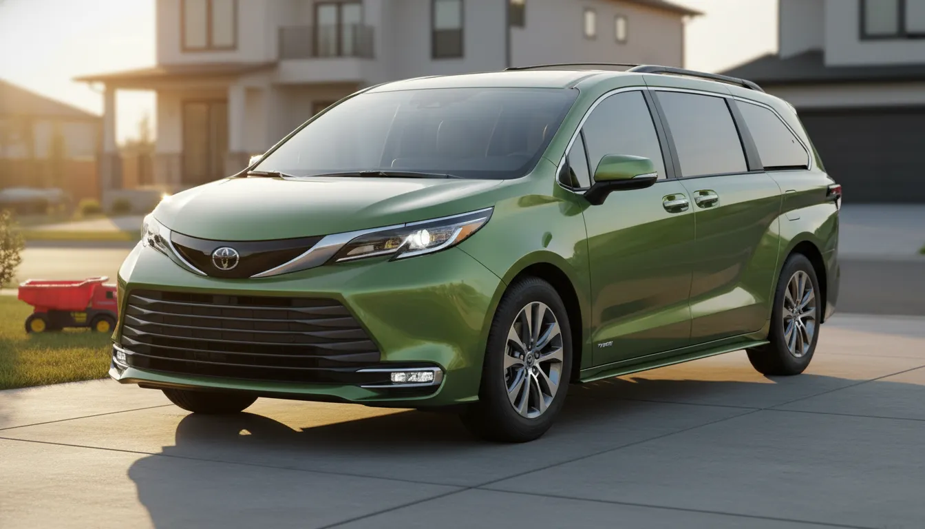 Metallic green Toyota Sienna Platinum-style minivan three-quarter front view highlighting LED headlights, low fog lamps, chrome grille and two-tone 18-inch wheels in a suburban driveway at golden hour