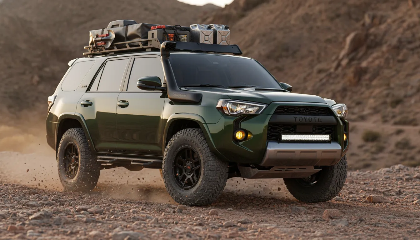 Toyota 4Runner Trailhunter-style overland SUV on a rocky desert trail at golden hour with amber lights, roof rack gear, rock sliders and mud-splattered tires