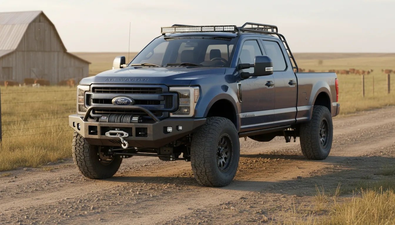 2026 AG Wagon Ford F-250 ranch truck three-quarter front view at golden hour showing 35-inch off-road tires, 15,000 lb winch, Fox shocks, rear air springs and fifth wheel prep on a dusty ranch road