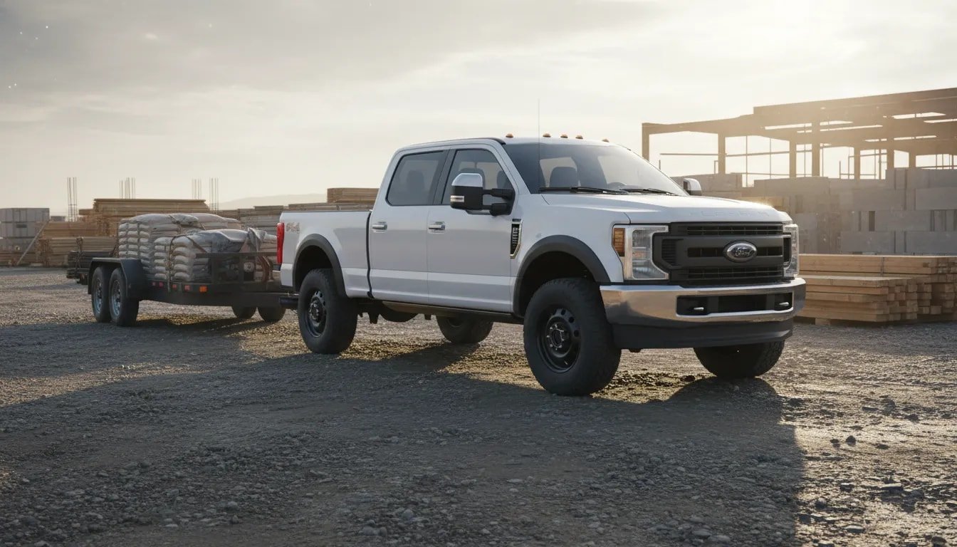Heavy-duty 2026-style pickup truck parked at a construction site with a trailer and stacked lumber in morning light