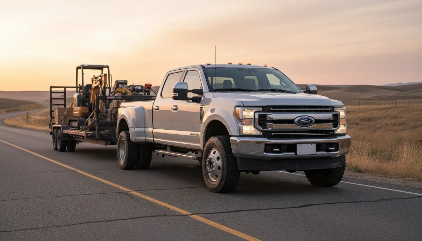 Photorealistic three-quarter view of a 2026 Ford F-350 XLT dually with halogen headlights on, dual rear wheels visible and hitched to a loaded trailer on a rural highway at golden hour