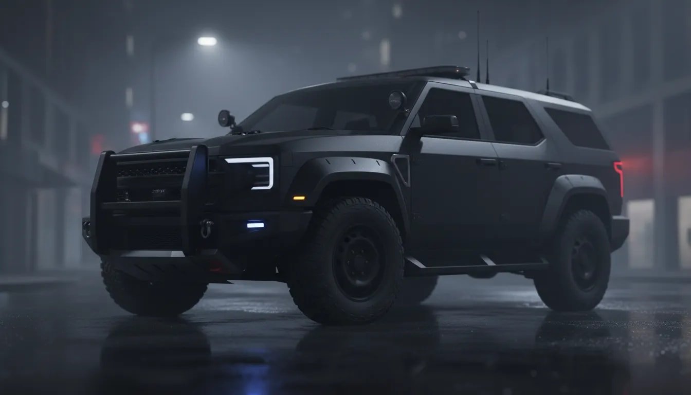 2026 police SUV interceptor in matte black three-quarter night view highlighting stealth LED lighting, push bumper and rugged tactical exterior features