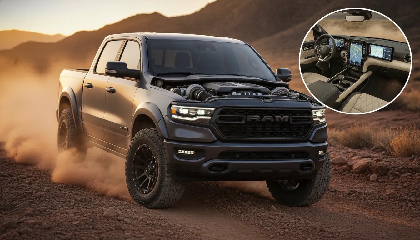 2026 Ram 1500 Laramie Sport on a rocky trail with 20-inch all-terrain tires and a premium suede interior featuring a large center touchscreen