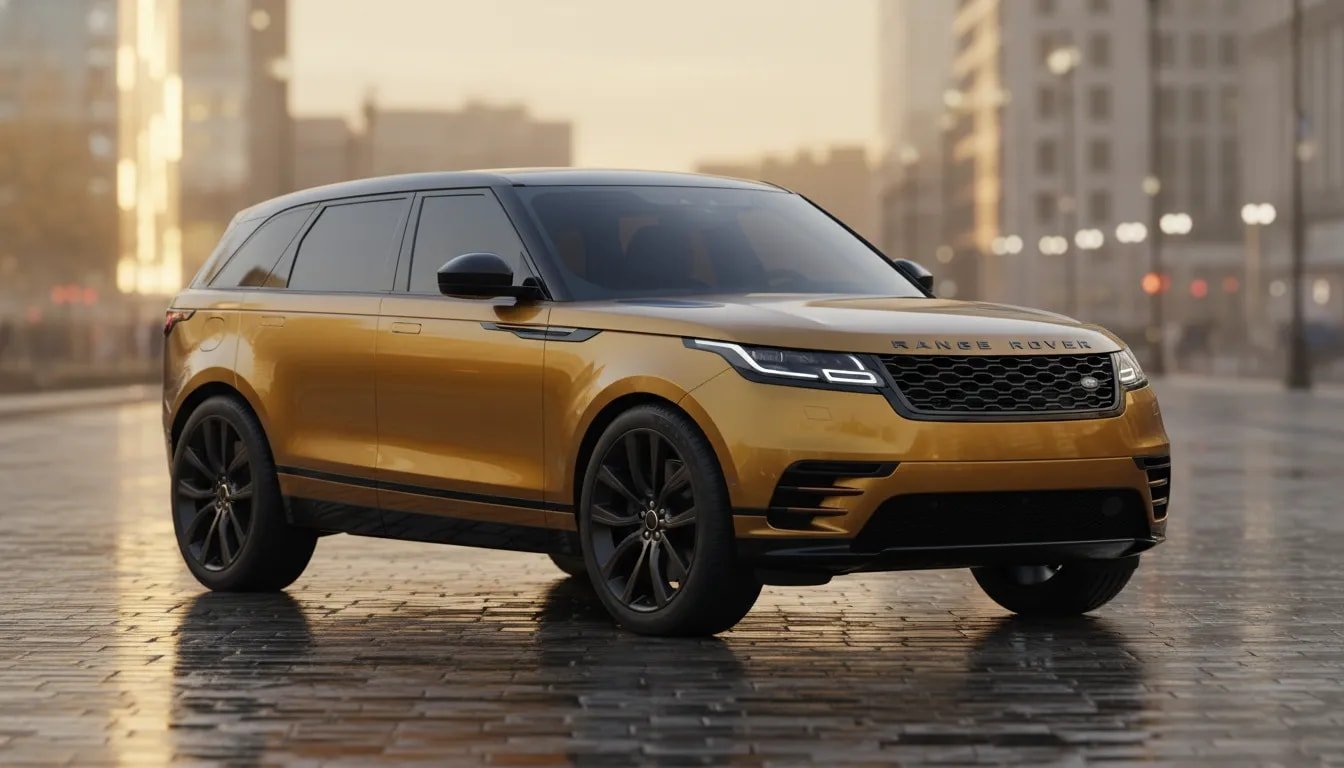 Photorealistic 2026 Range Rover Velar in metallic gold with blackout roof and matte black 22-inch wheels, three-quarter front view at golden hour