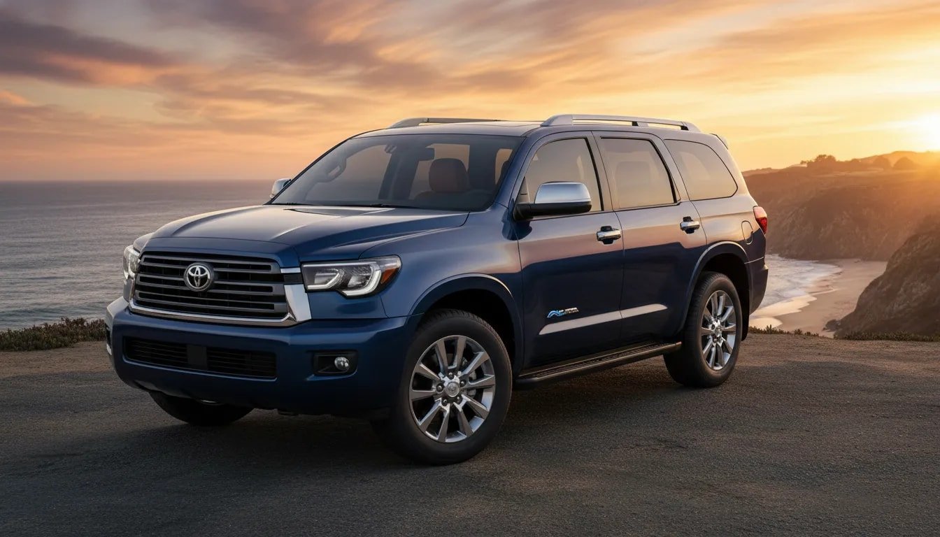 2026 Toyota Sequoia Limited front three-quarter view at sunset showing muscular boxy hood, premium trim, large wheels and subtle hybrid accent