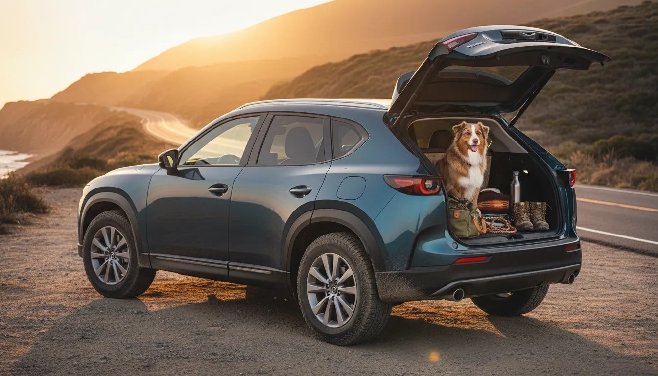 Crossover SUV parked on a coastal highway at sunset with the rear hatch open to reveal a dog and travel gear; light dust and mud on the vehicle suggests extensive road use and long trips.