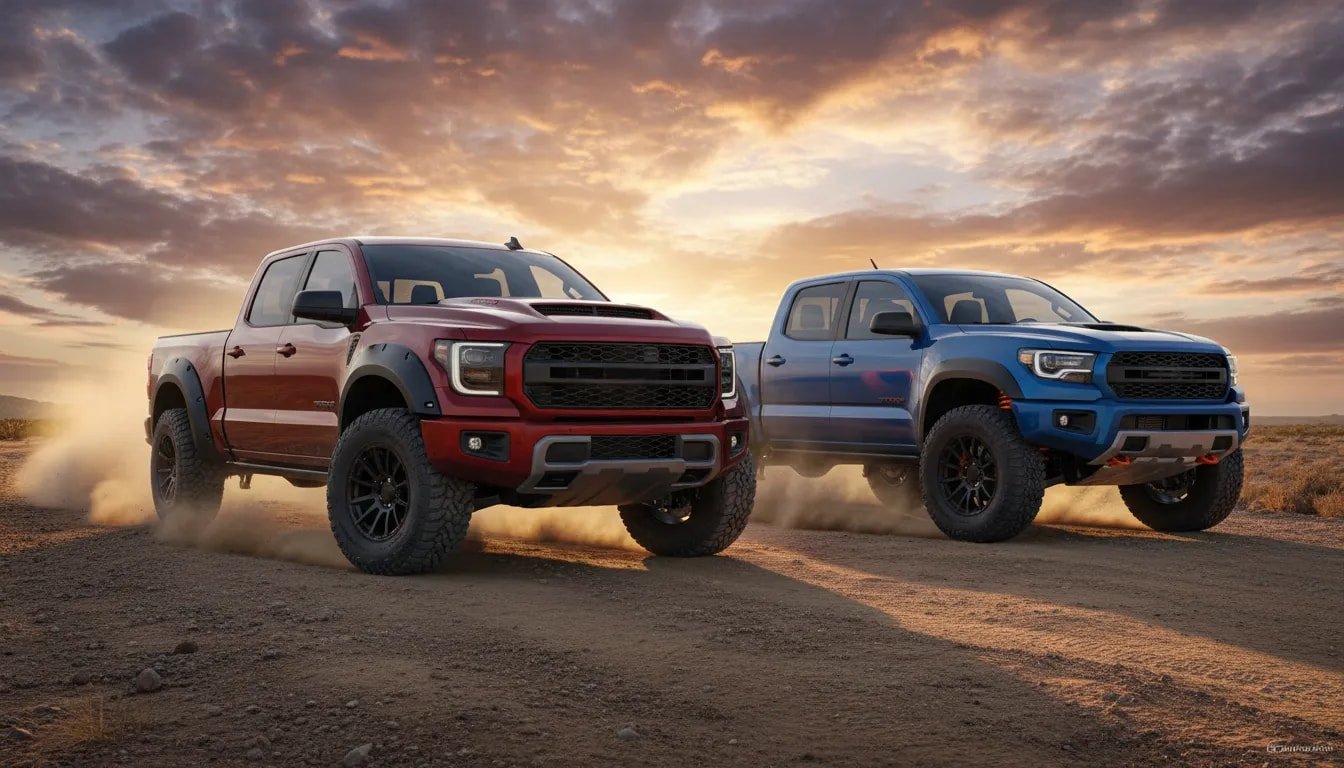 Ram TRX-style wide-body truck and Ford Ranger Raptor-style mid-size truck side-by-side on a dusty desert trail at sunset, low-angle cinematic view