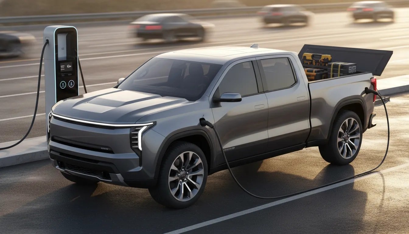 Photorealistic electric pickup charging at a fast station during golden hour, 3/4 front view showing aerodynamic closed grille, LED lights and open utility bed with tools; no text or logos.