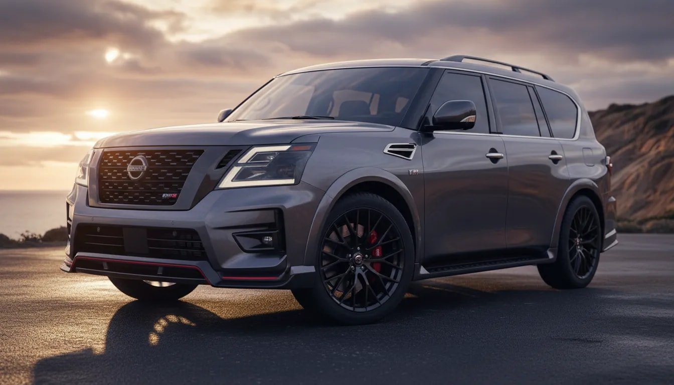 2026 Nissan Armada Nismo in battleship gray with red brake calipers and continuous red rocker stripe, low-angle 3/4 front view at golden hour on a coastal road