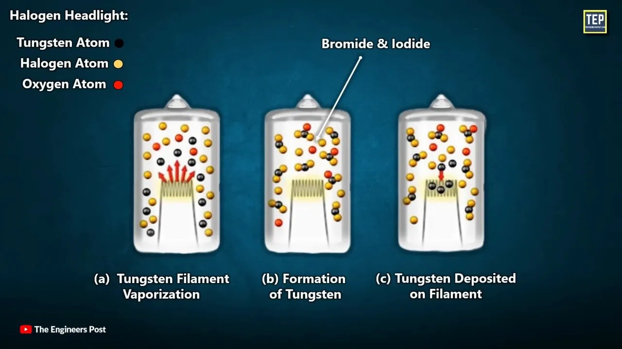 Halogen headlight diagram showing tungsten evaporation and redeposition on the filament