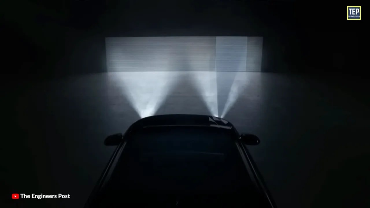 Matrix headlight demonstration with individual beam sections projected onto a wall