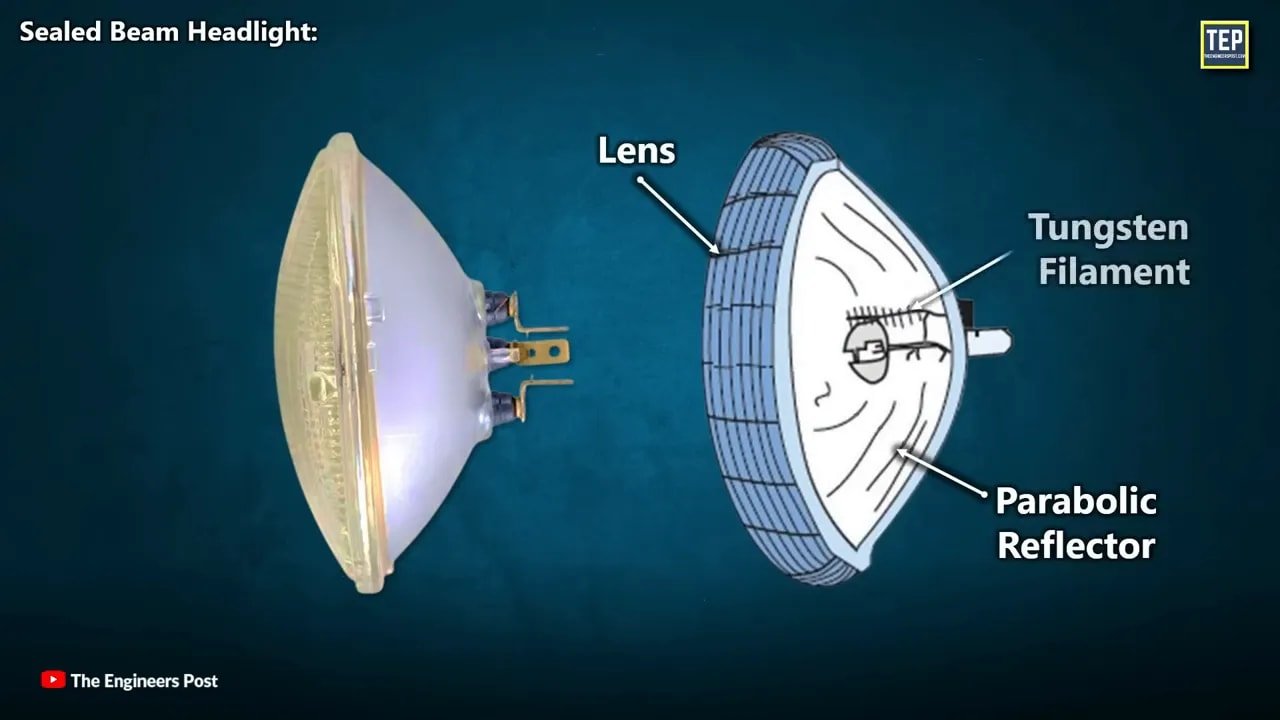 Sealed beam headlight diagram labeled with lens tungsten filament and parabolic reflector